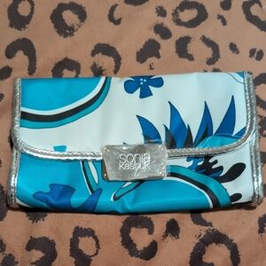 Sonia Kashuk Teal and White Floral Cosmetic Clutch